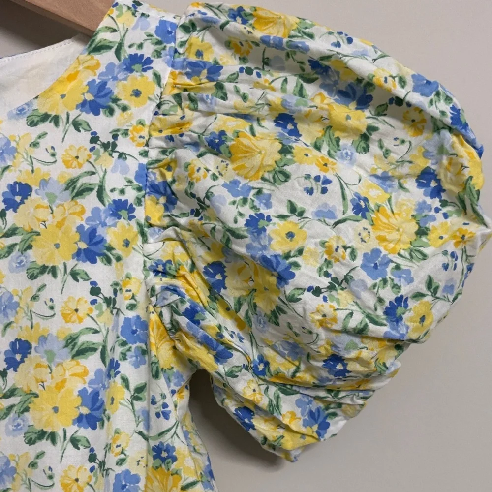 Precious Cotton Lined Janie and Jack Yellow & Blue Floral Puff-Sleeve Dress 4